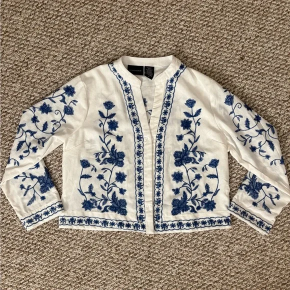 Floral Embroidered White and Blue Women's Blazer- Liv Los Angeles- M - Picture 1 of 5
